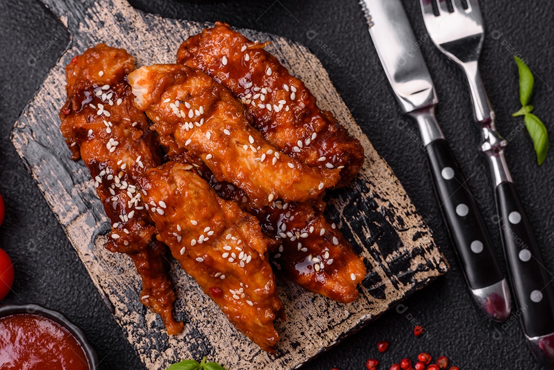 Delicioso filé de frango fatiado e assado com molho teriyaki, sal, especiarias e sementes de gergelim