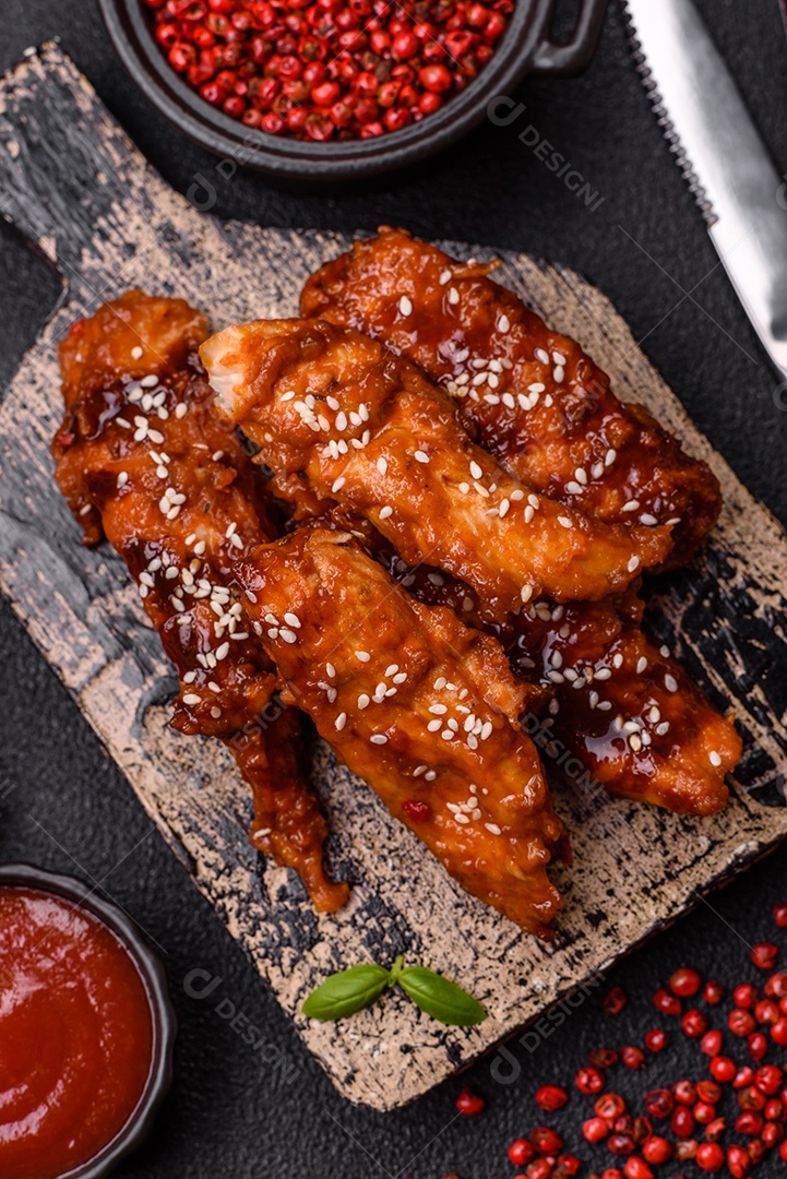 Delicioso filé de frango fatiado e assado com molho teriyaki, sal, especiarias e sementes de gergelim
