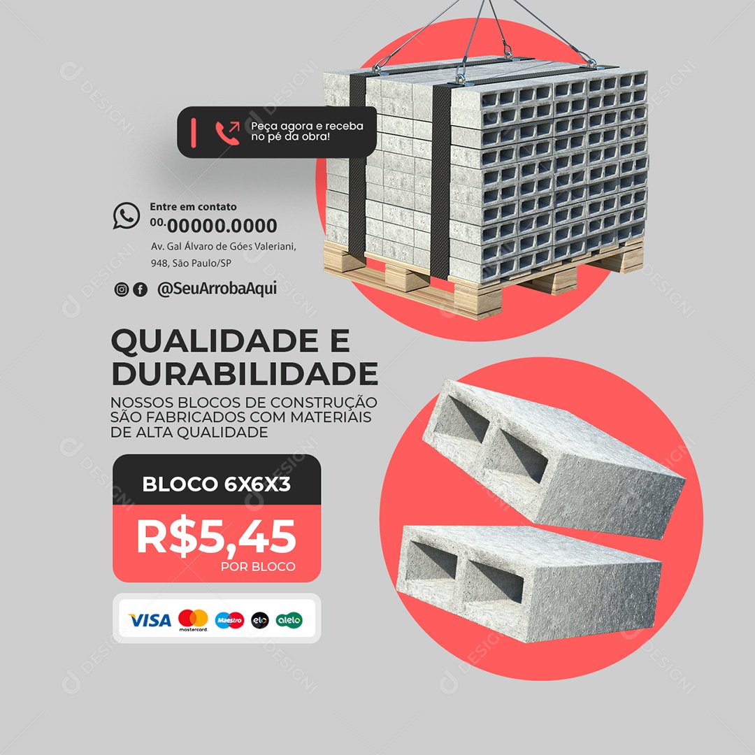 Nossos Blocos de Construção são Fabricados com Materiais de Alta Qualidade Social Media PSD Editável