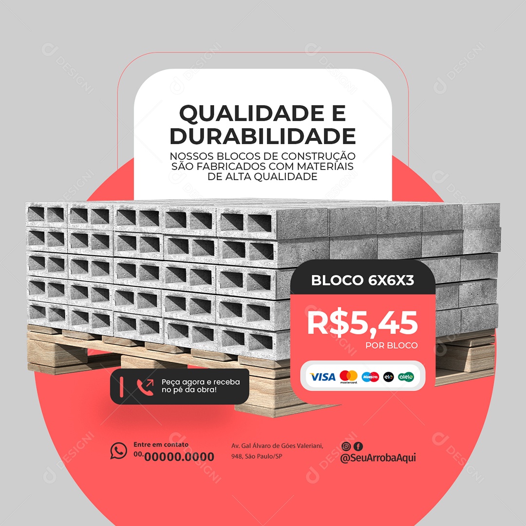 Qualidade e Durabilidade Bloco de Construção Social Media PSD Editável