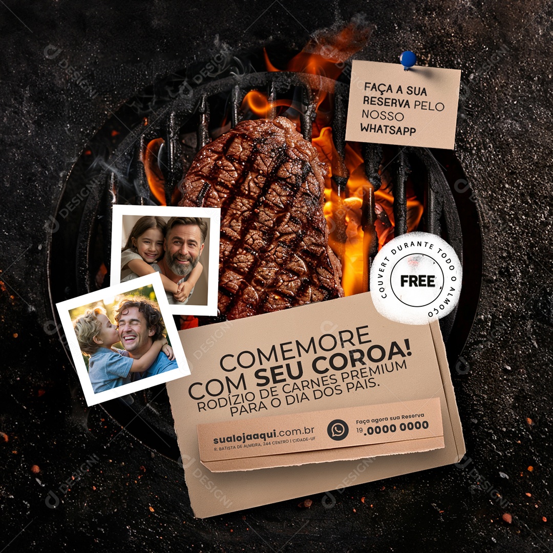 Comemore com seu Coroa Rodízio de Carnes Premiun para o Dia dos Pais Social Media PSD Editável