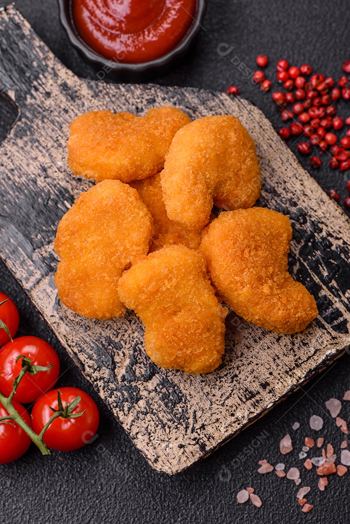 Deliciosos nuggets de frango crocantes frescos em um fundo escuro de concreto. Alimentos não saudáveis, fast food