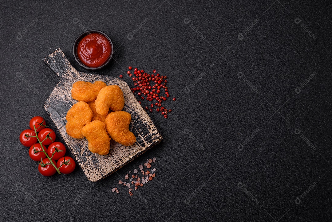 Deliciosos nuggets de frango crocantes frescos em um fundo escuro de concreto. Alimentos não saudáveis, fast food