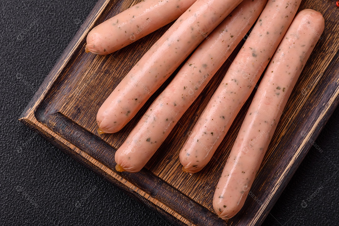 Salsicha vegana ou vegetariana cozida feita de substitutos de carne com sal e especiarias sobre fundo escuro de concreto