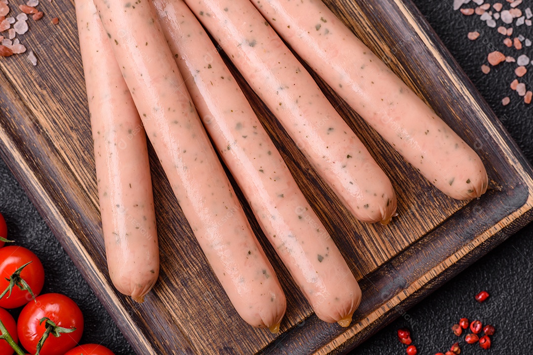 Salsicha vegana ou vegetariana cozida feita de substitutos de carne com sal e especiarias sobre fundo escuro de concreto