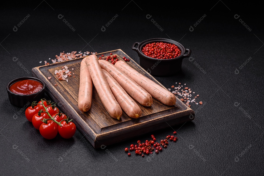 Salsicha vegana ou vegetariana cozida feita de substitutos de carne com sal e especiarias sobre fundo escuro de concreto