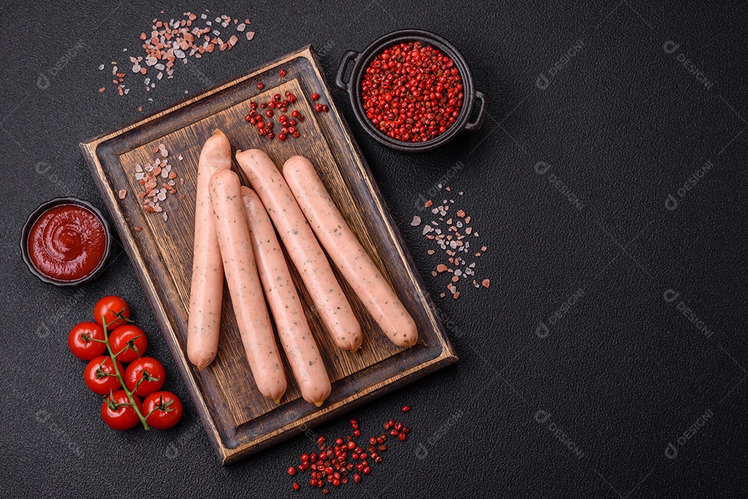 Salsicha vegana ou vegetariana cozida feita de substitutos de carne com sal e especiarias sobre fundo escuro de concret