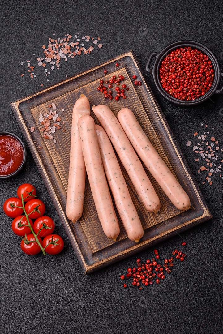 Salsicha vegana ou vegetariana cozida feita de substitutos de carne com sal e especiarias sobre fundo escuro de concreto