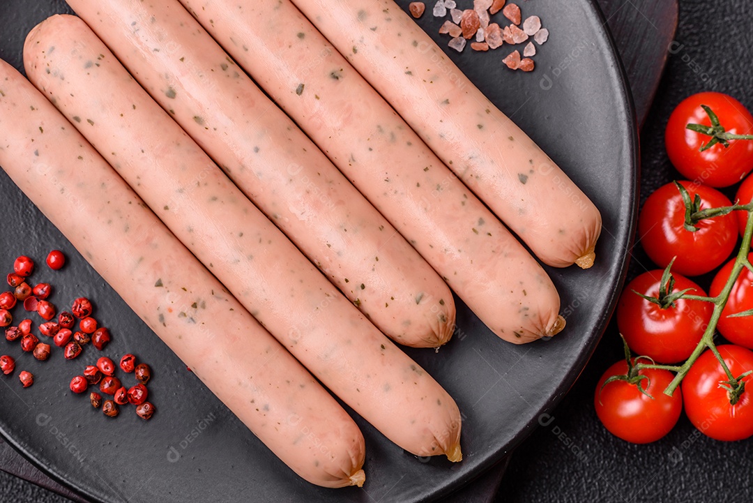 Salsicha vegana ou vegetariana cozida feita de substitutos de carne com sal e especiarias sobre fundo escuro de concreto