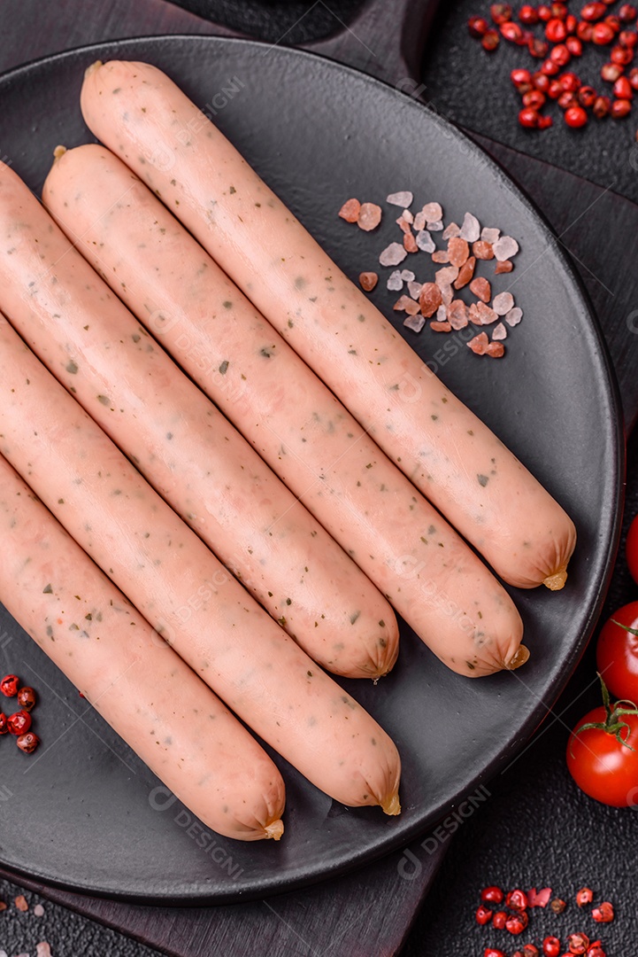 Salsicha vegana ou vegetariana cozida feita de substitutos de carne com sal e especiarias sobre fundo escuro de concreto