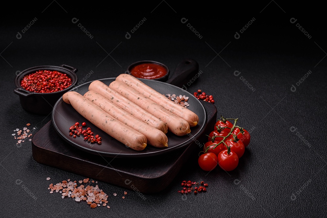 Salsicha vegana ou vegetariana cozida feita de substitutos de carne com sal e especiarias sobre fundo escuro de concreto