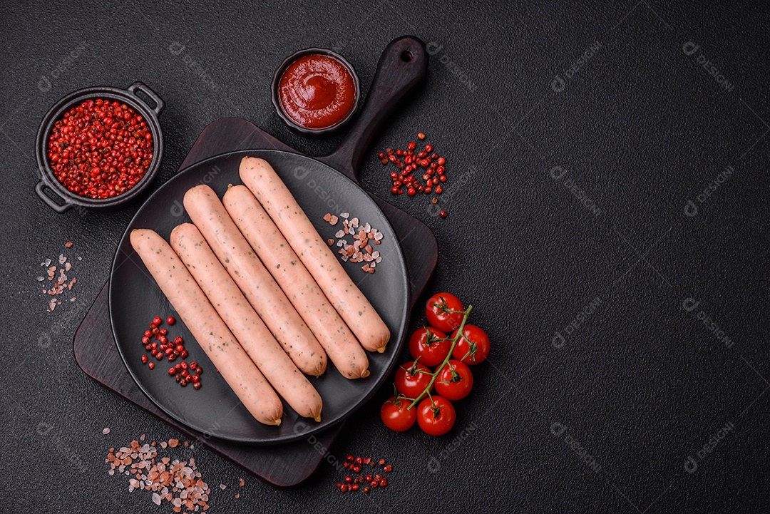 Salsicha vegana ou vegetariana cozida feita de substitutos de carne com sal e especiarias sobre fundo escuro de concreto