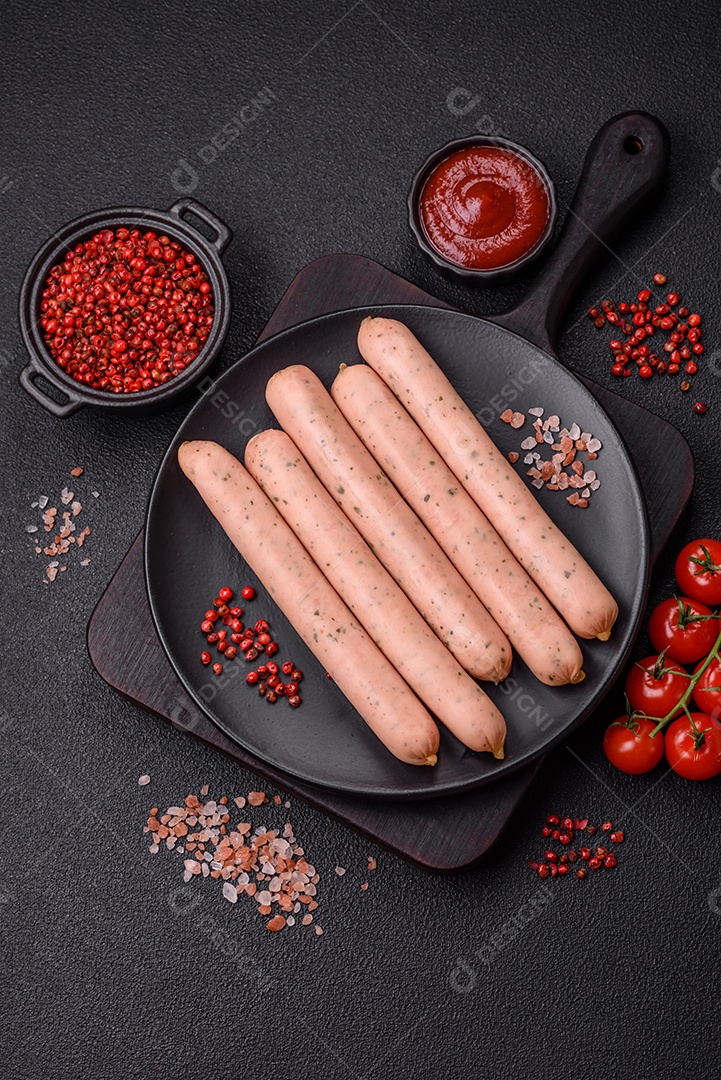 Salsicha vegana ou vegetariana cozida feita de substitutos de carne com sal e especiarias sobre fundo escuro de concreto