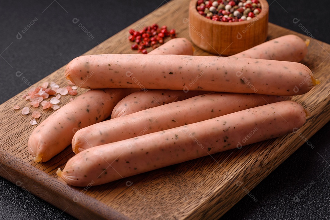 Salsicha vegana ou vegetariana cozida feita de substitutos de carne com sal e especiarias sobre fundo escuro de concreto