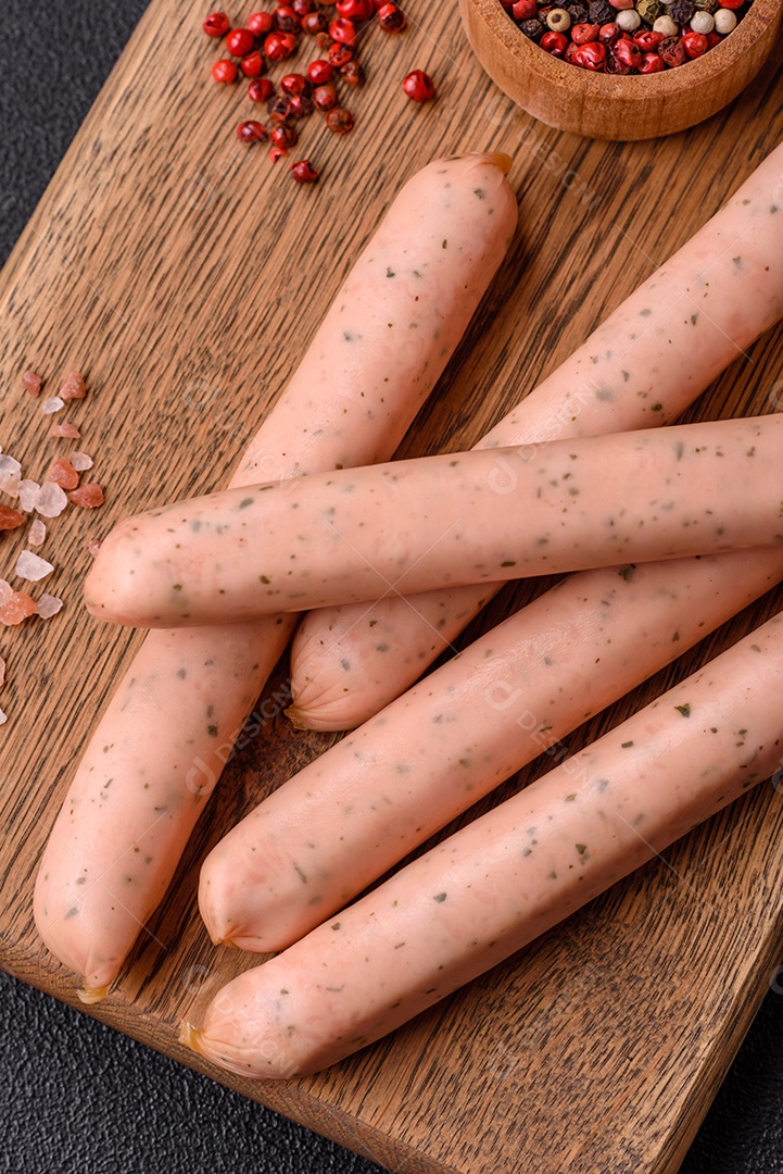 Salsicha vegana ou vegetariana cozida feita de substitutos de carne com sal e especiarias sobre fundo escuro de concreto