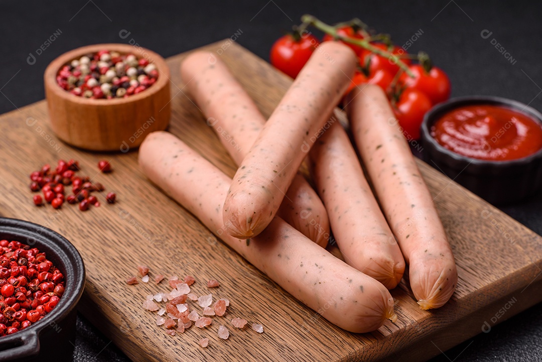 Salsicha vegana ou vegetariana cozida feita de substitutos de carne com sal e especiarias sobre fundo escuro de concreto