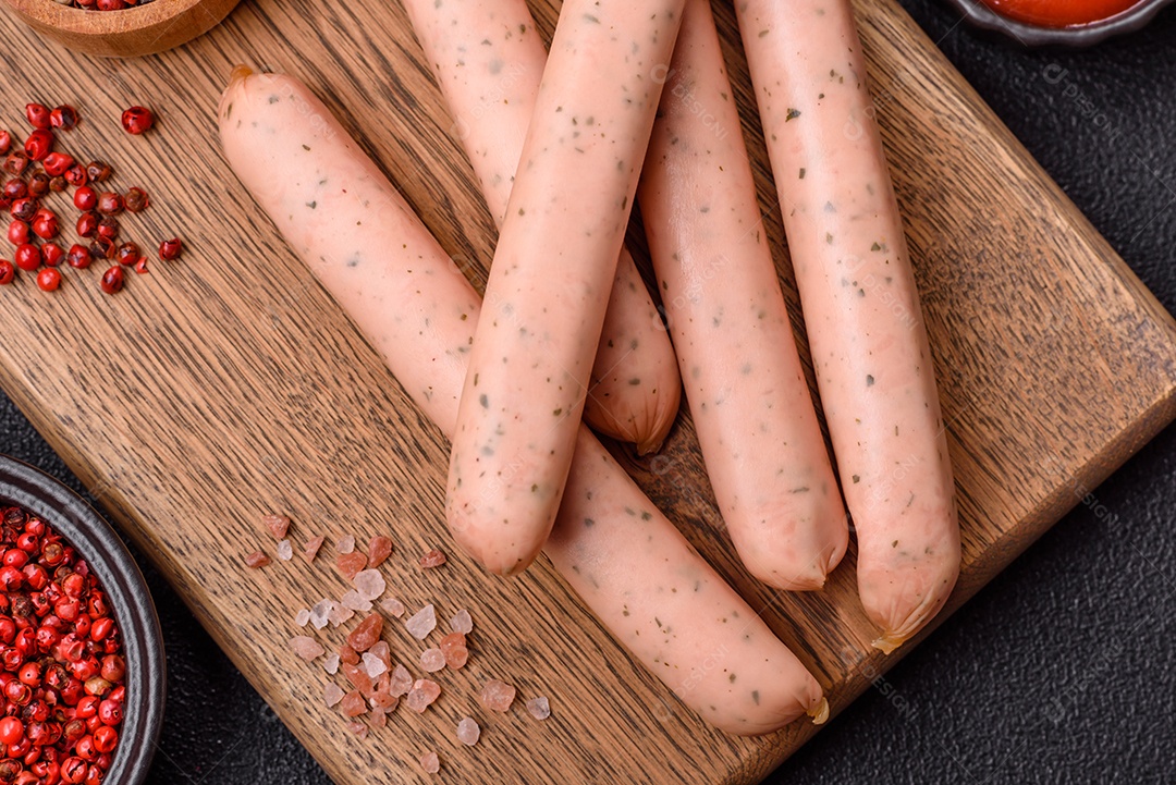 Salsicha vegana ou vegetariana cozida feita de substitutos de carne com sal e especiarias sobre fundo escuro de concreto