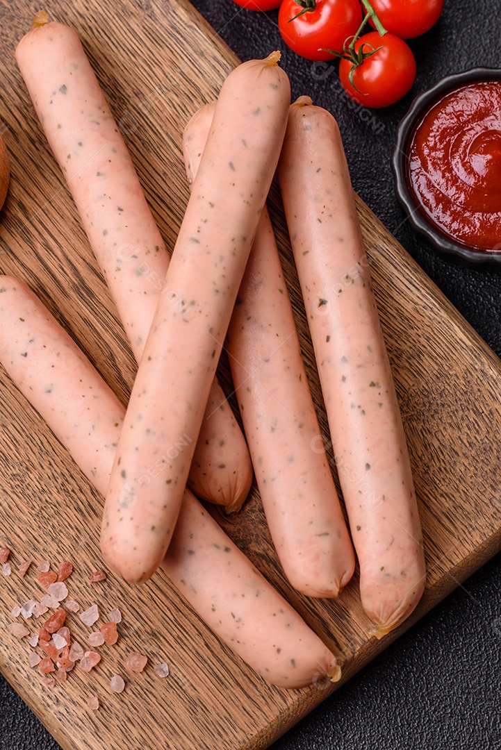 Salsicha vegana ou vegetariana cozida feita de substitutos de carne com sal e especiarias sobre fundo escuro de concreto