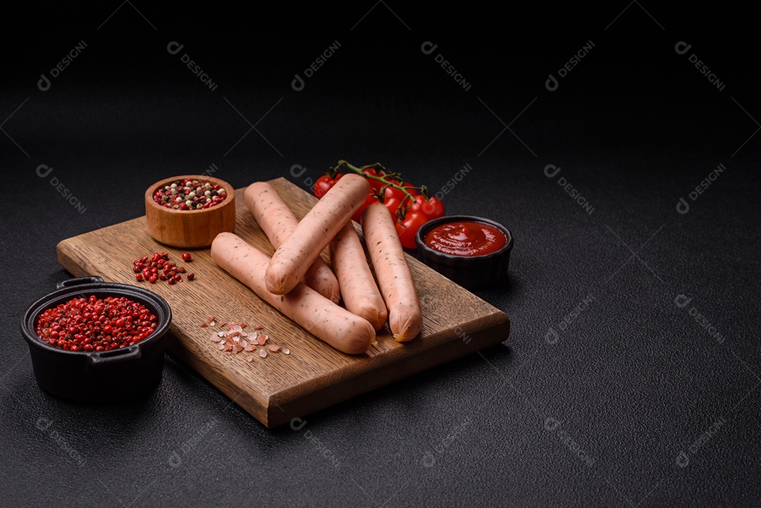 Salsicha vegana ou vegetariana cozida feita de substitutos de carne com sal e especiarias sobre fundo escuro de concreto