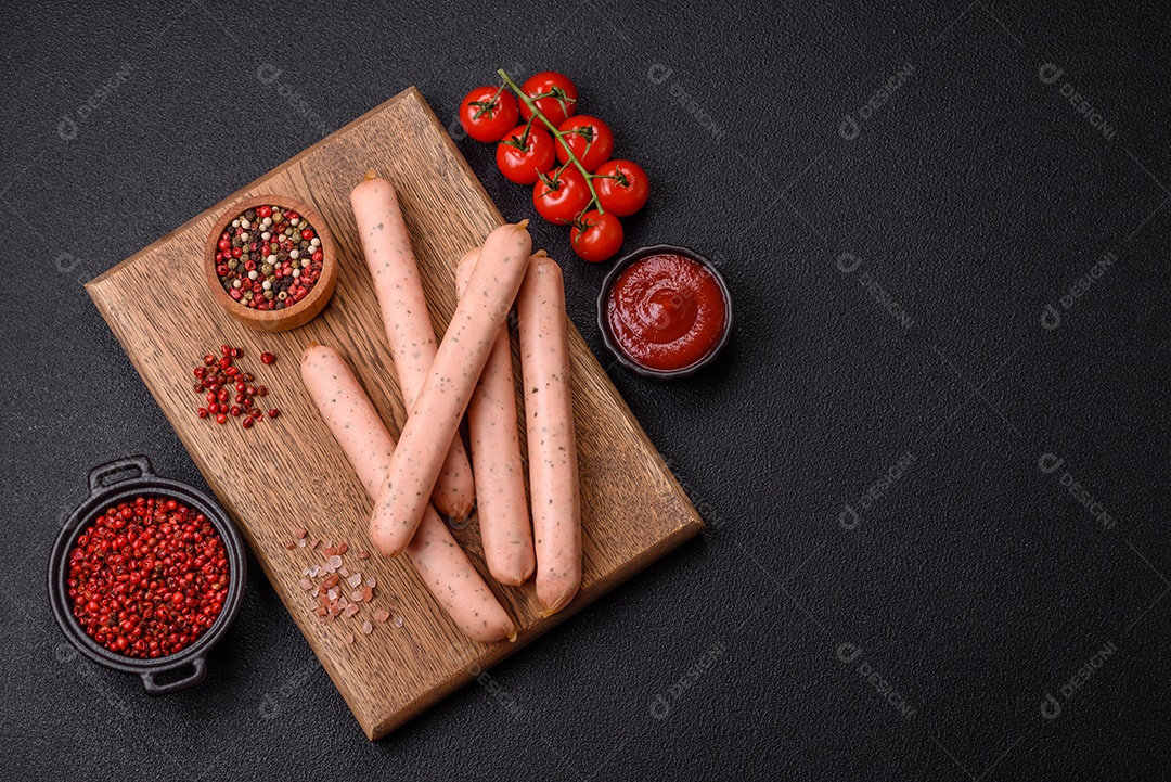 Salsicha vegana ou vegetariana cozida feita de substitutos de carne com sal e especiarias sobre fundo escuro de concreto