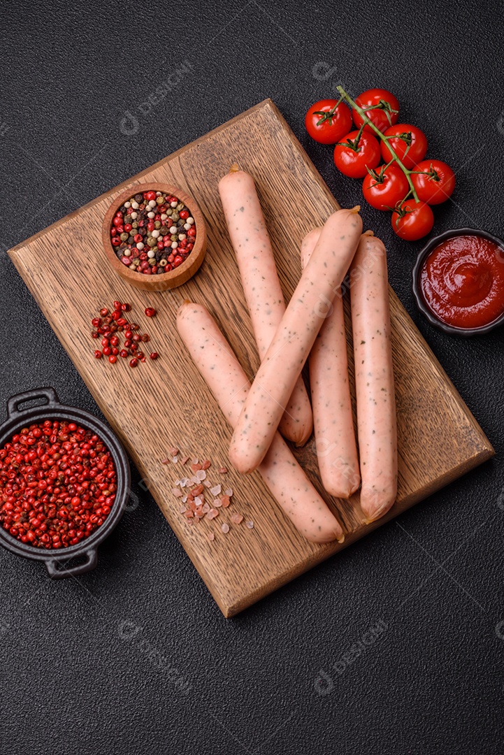 Salsicha vegana ou vegetariana cozida feita de substitutos de carne com sal e especiarias sobre fundo escuro de concreto