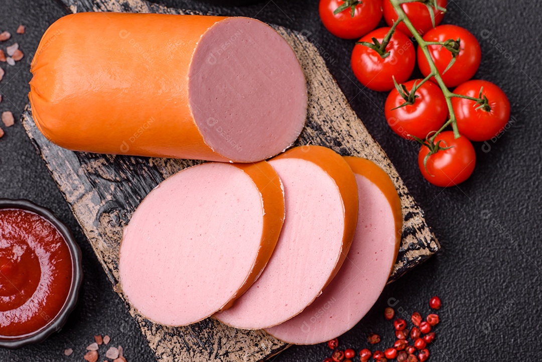 Salsicha vegana ou vegetariana cozida feita de substitutos de carne com sal e especiarias sobre fundo escuro de concreto