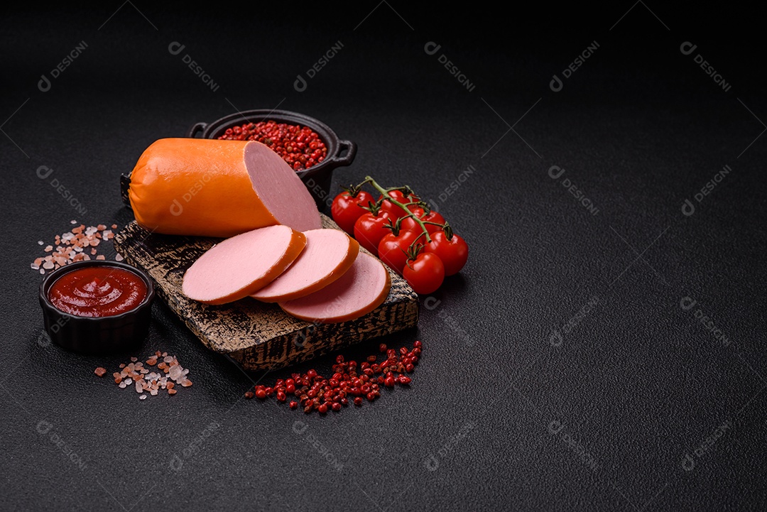 Salsicha vegana ou vegetariana cozida feita de substitutos de carne com sal e especiarias sobre fundo escuro de concreto