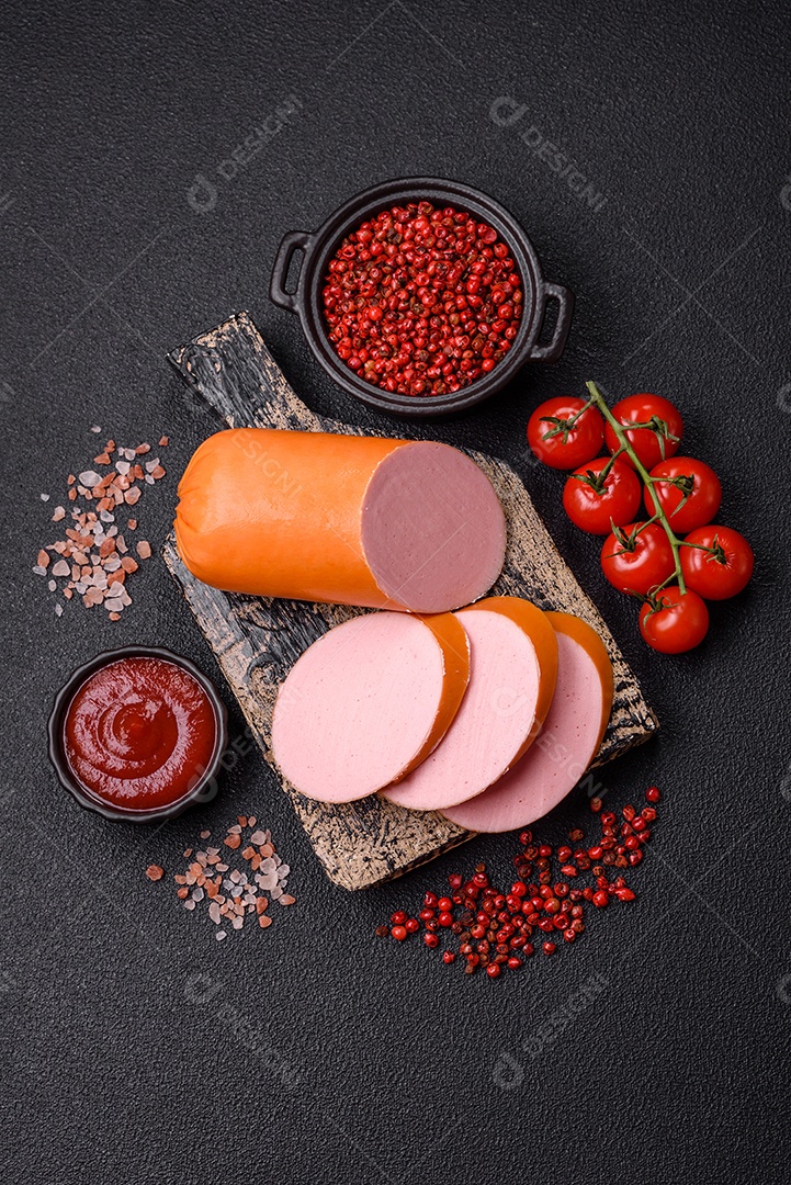 Salsicha vegana ou vegetariana cozida feita de substitutos de carne com sal e especiarias sobre fundo escuro de concreto