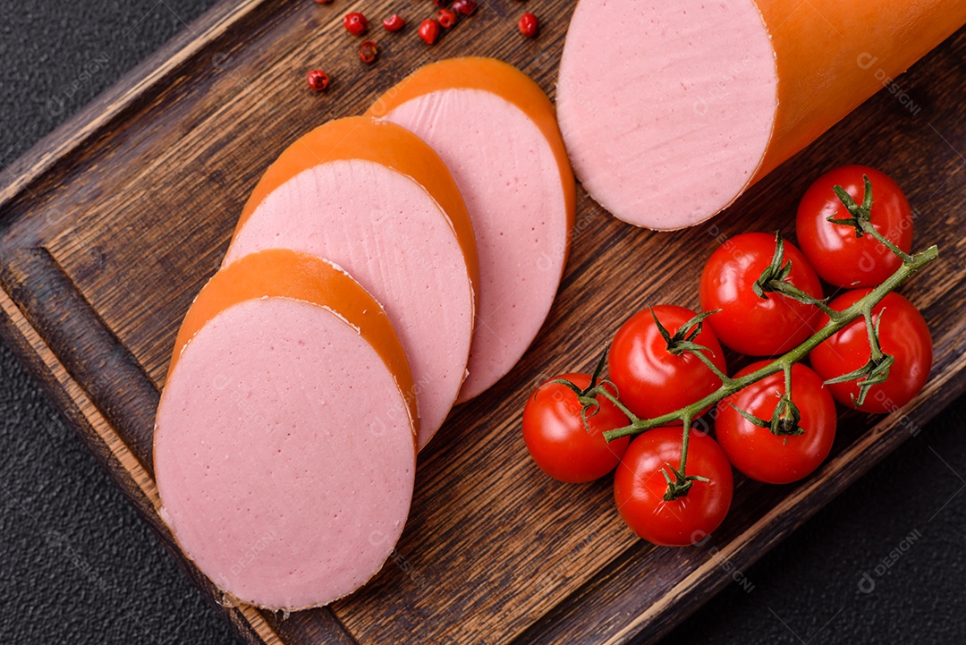 Salsicha vegana ou vegetariana cozida feita de substitutos de carne com sal e especiarias sobre fundo escuro de concreto