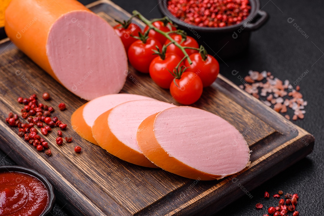 Salsicha vegana ou vegetariana cozida feita de substitutos de carne com sal e especiarias sobre fundo escuro de concreto
