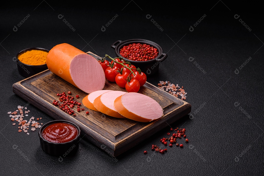 Salsicha vegana ou vegetariana cozida feita de substitutos de carne com sal e especiarias sobre fundo escuro de concreto