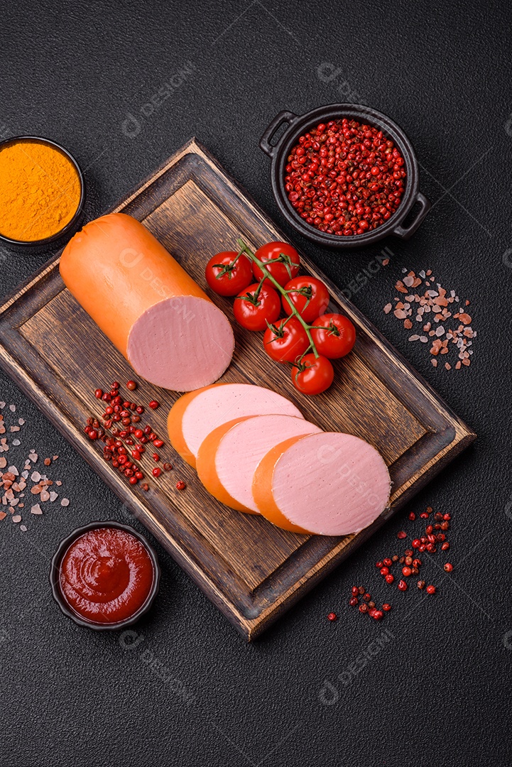 Salsicha vegana ou vegetariana cozida feita de substitutos de carne com sal e especiarias sobre fundo escuro de concreto