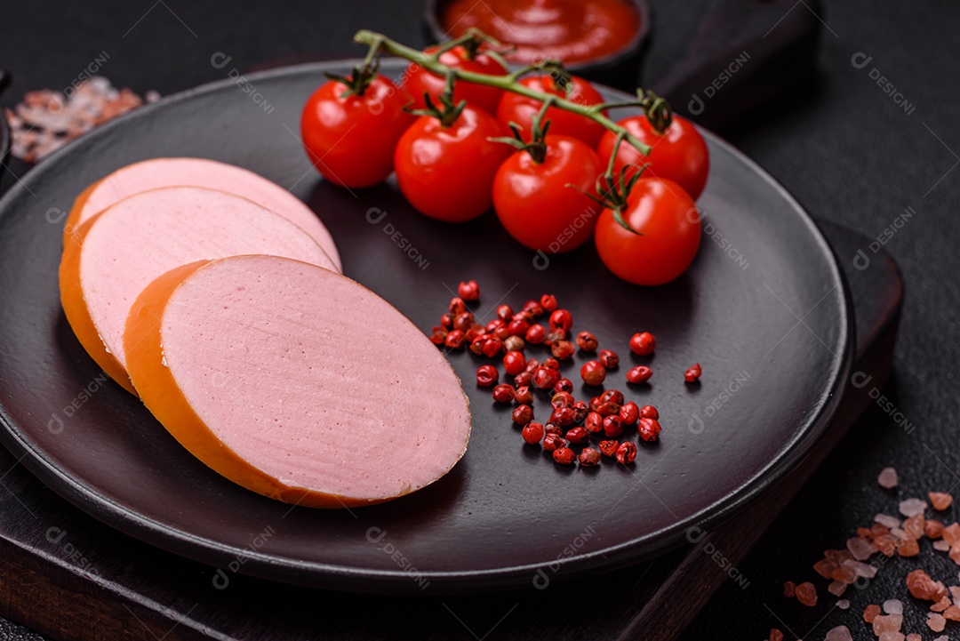 Salsicha vegana ou vegetariana cozida feita de substitutos de carne com sal e especiarias sobre fundo escuro de concreto