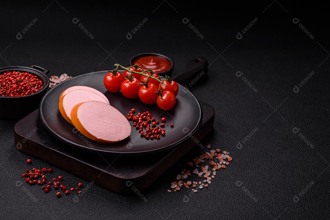 Salsicha vegana ou vegetariana cozida feita de substitutos de carne com sal e especiarias sobre fundo escuro de concreto