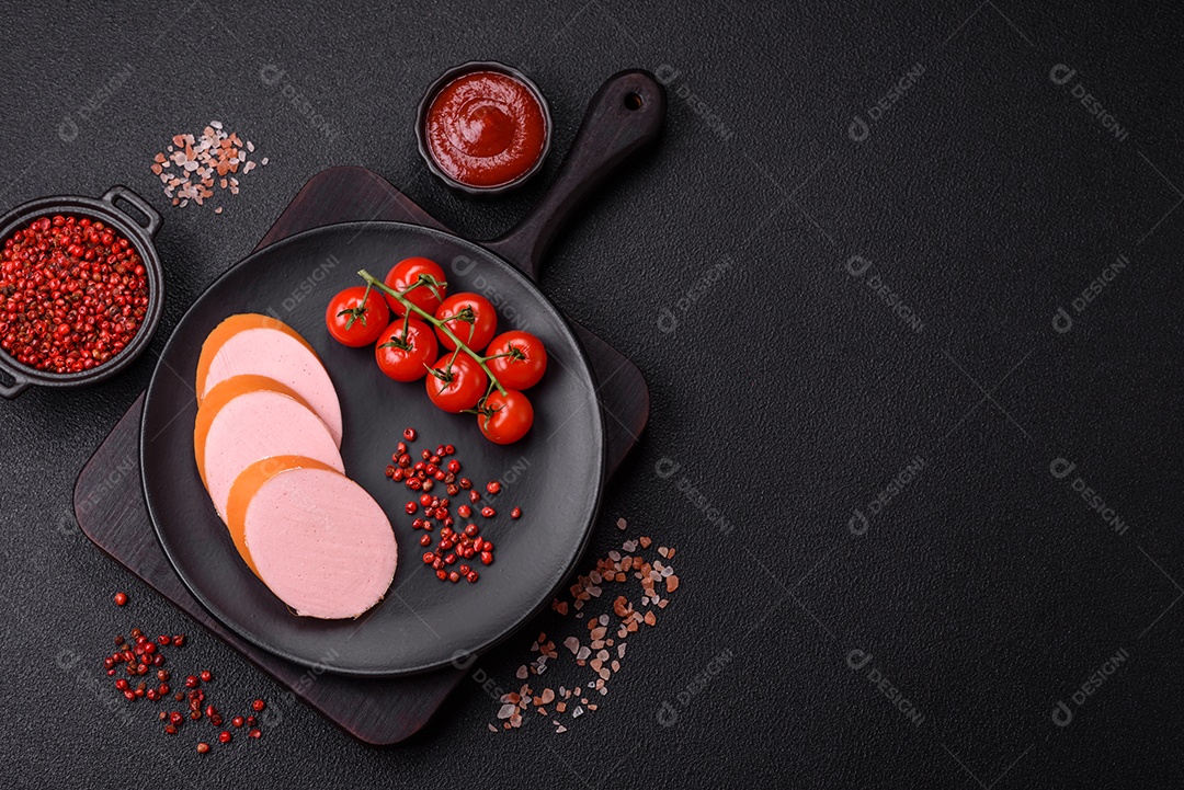 Salsicha vegana ou vegetariana cozida feita de substitutos de carne com sal e especiarias sobre fundo escuro de concreto