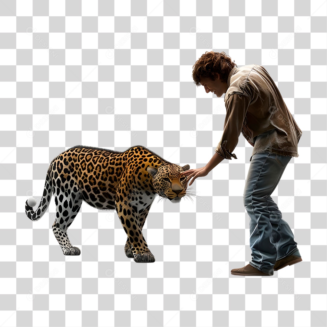 Homem com Onça Pintada PNG Transparente
