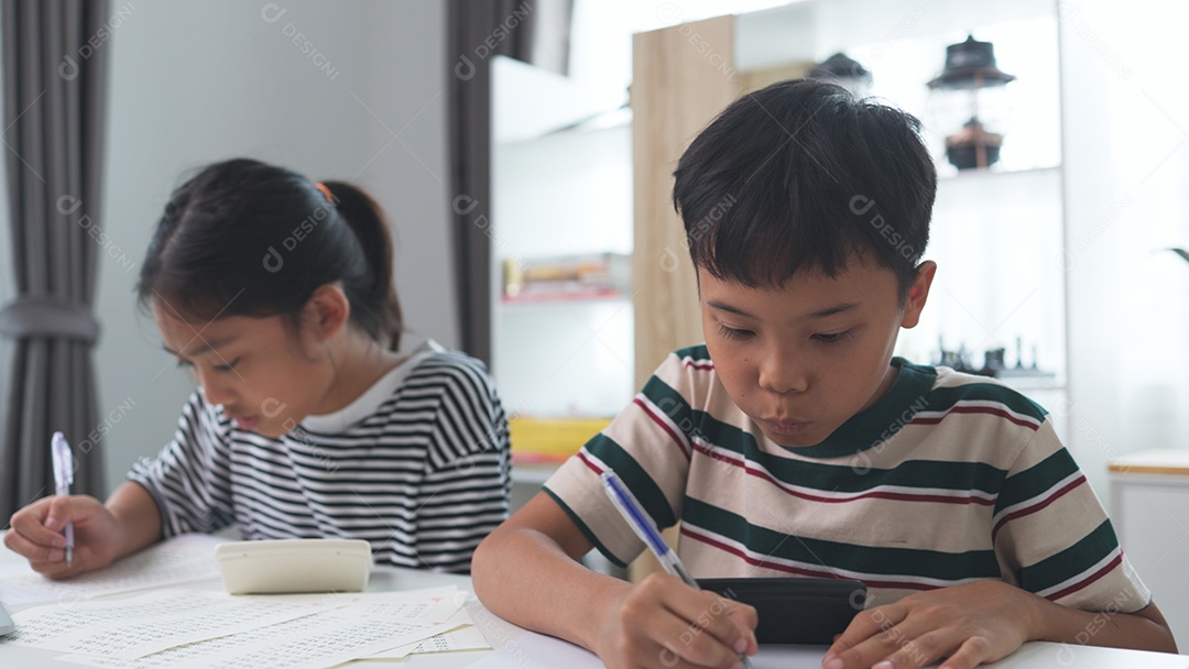 Duas crianças fazendo tarefa de casa concentrado