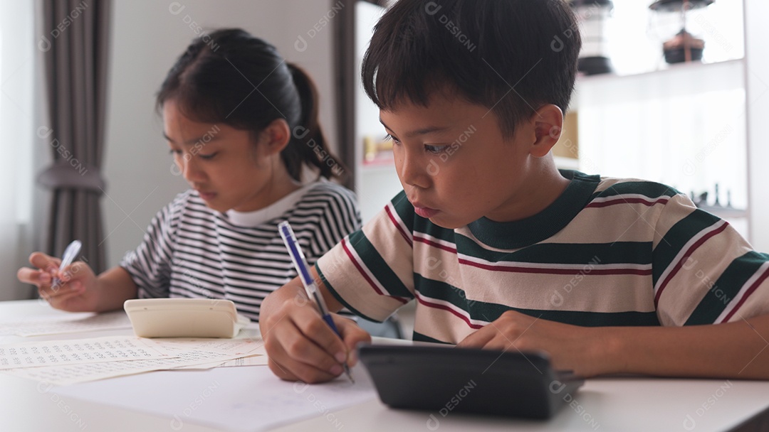 Duas crianças fazendo tarefa de casa concentrado
