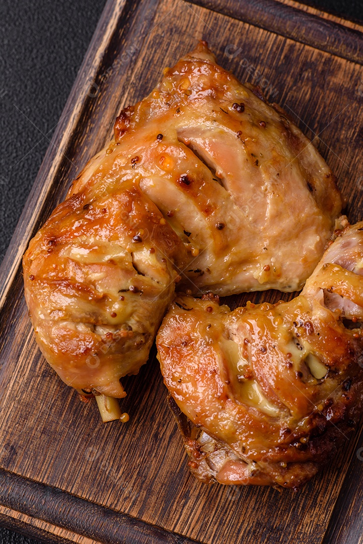 Deliciosa coxa ou quarto de frango grelhado com sal e especiarias em fundo escuro de concreto