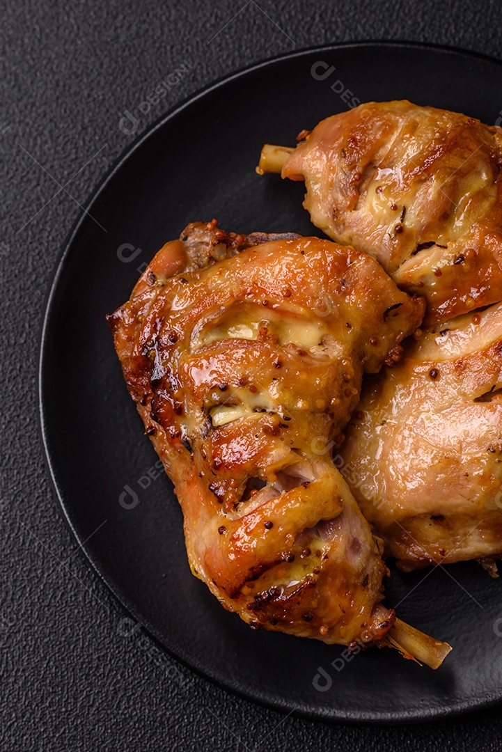 Deliciosa coxa ou quarto de frango grelhado com sal e especiarias em fundo escuro de concreto