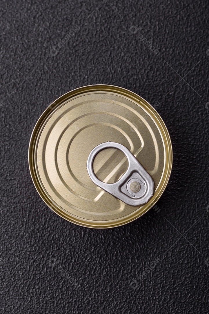 Lata redonda de metal com carne enlatada ou peixe com chave para abri-la sobre um fundo escuro de concreto