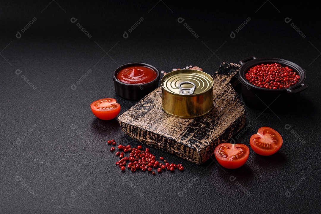 Lata redonda de metal com carne enlatada ou peixe com chave para abri-la sobre um fundo escuro de concreto