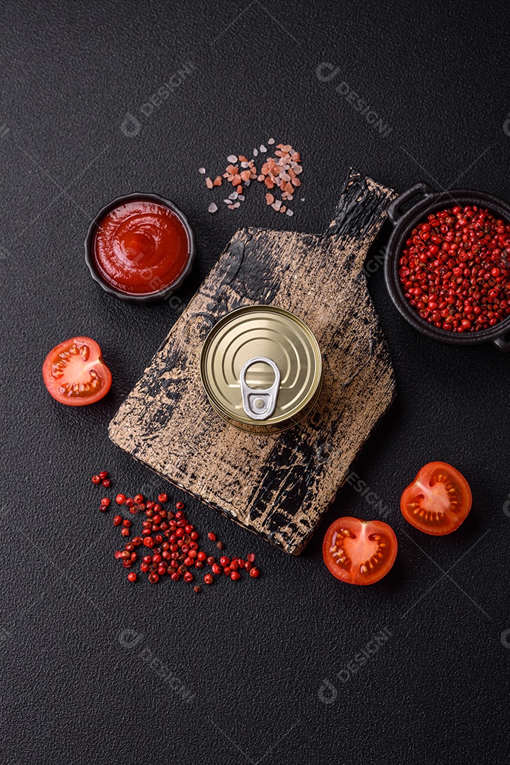 Lata redonda de metal com carne enlatada ou peixe com chave para abri-la sobre um fundo escuro de concreto