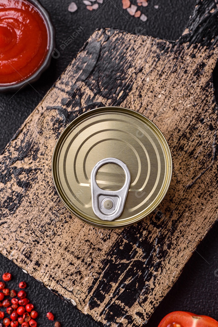 Lata redonda de metal com carne enlatada ou peixe com chave para abri-la sobre um fundo escuro de concreto