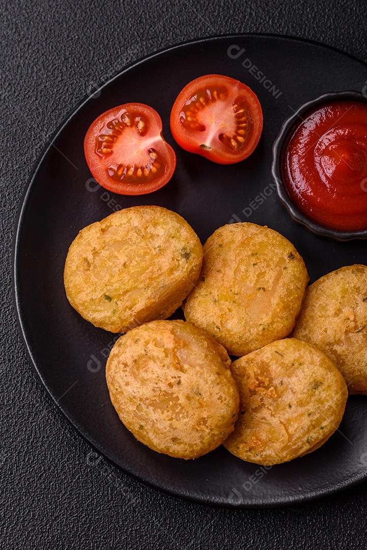 Peixe redondo ou pepitas de frango com sal e especiarias empanadas sobre um fundo escuro de concreto