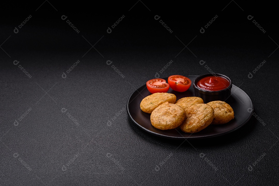 Peixe redondo ou pepitas de frango com sal e especiarias empanadas sobre um fundo escuro de concreto