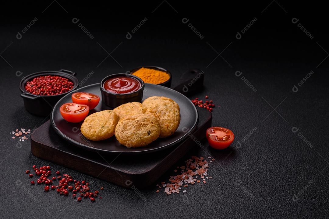 Peixe redondo ou pepitas de frango com sal e especiarias empanadas sobre um fundo escuro de concreto