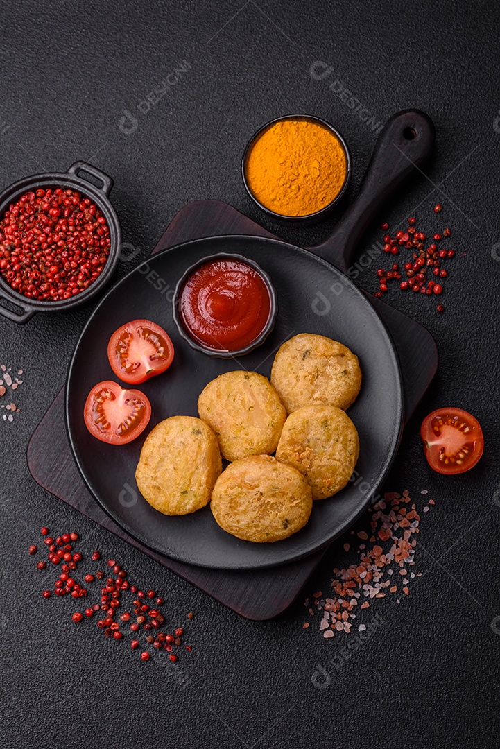 Peixe redondo ou pepitas de frango com sal e especiarias empanadas sobre um fundo escuro de concreto