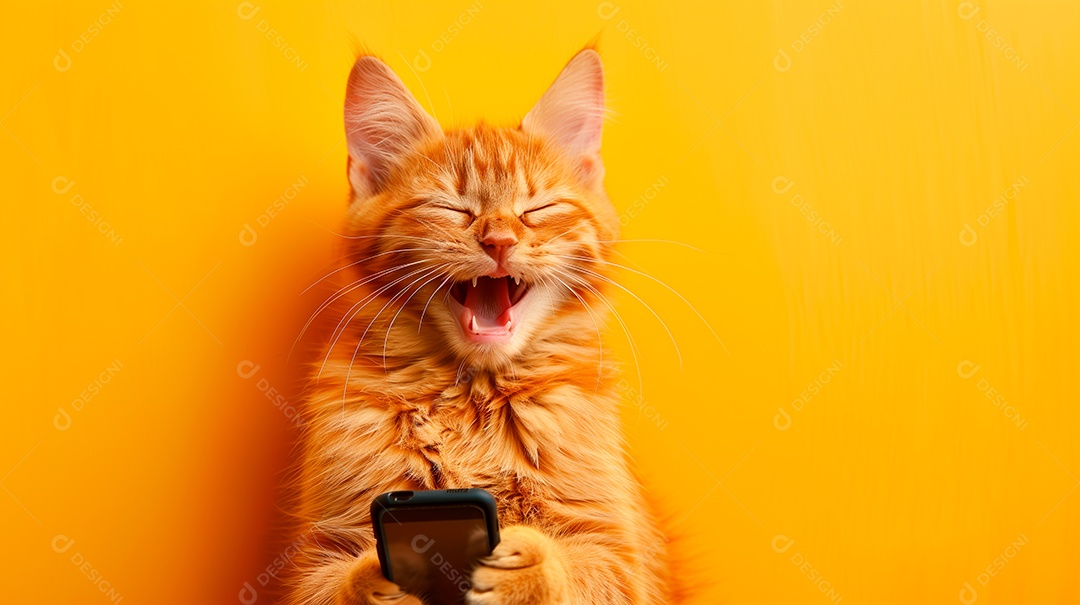 Gato dando risada com celular nas patas
