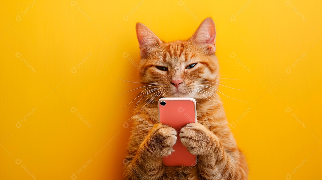 Gato amarelo fofo segurando celular nas patas